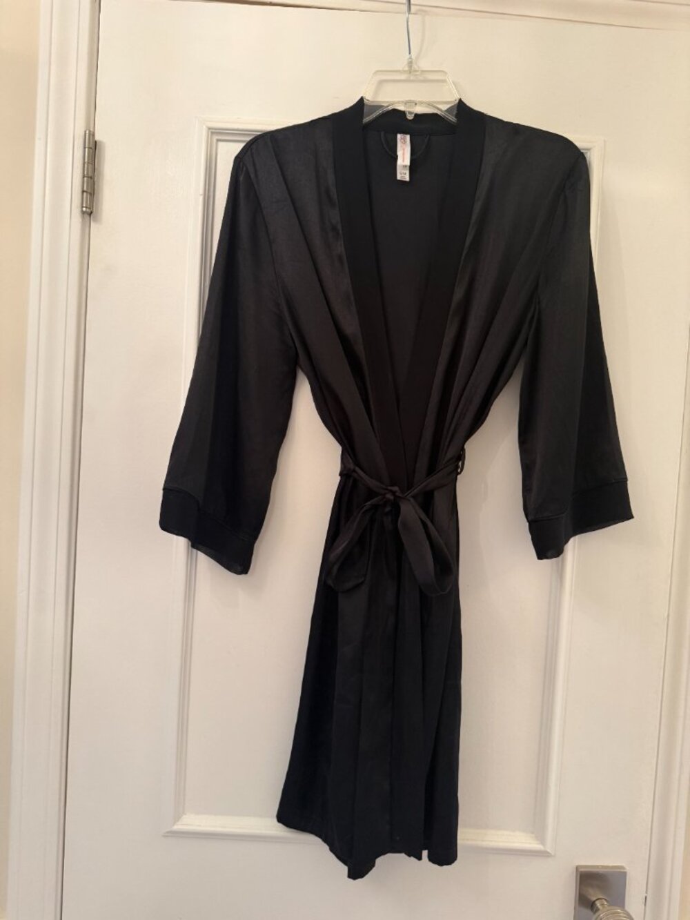 Gilligan & O'Malley Black silky feeling poly robe with attached belt, S S/M